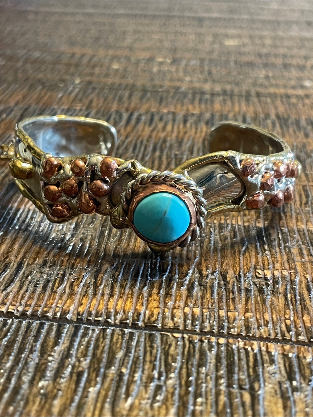 Turquoise Stone Silver & Copper Accent Cuff Bracelet - Women Jewelry